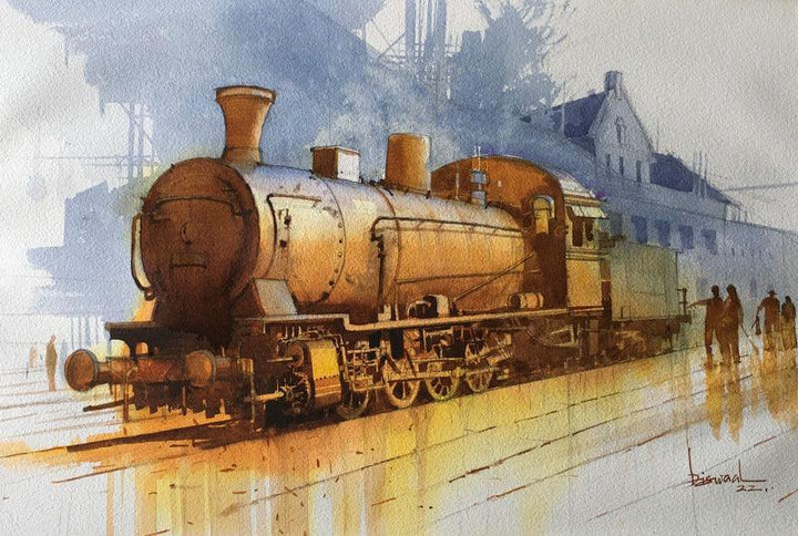 Cityscape watercolor painting titled 'Platform 52', 14x20 inches, by artist Bijay Biswaal on Paper