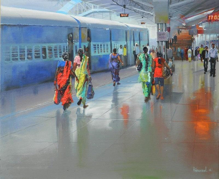 Cityscape acrylic painting titled 'Platform No 1 Bilaspur', 30x36 inches, by artist Bijay Biswaal on Canvas