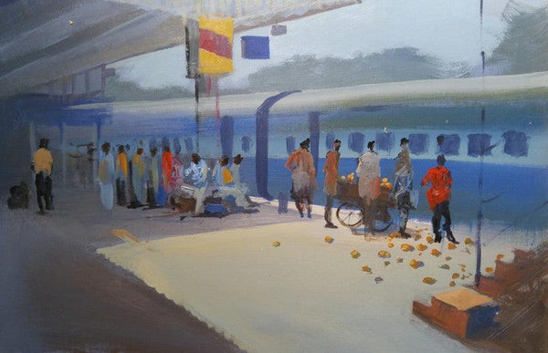 Cityscape acrylic painting titled 'Platform No 3 Nagpur', 15x20 inches, by artist Bijay Biswaal on Paper