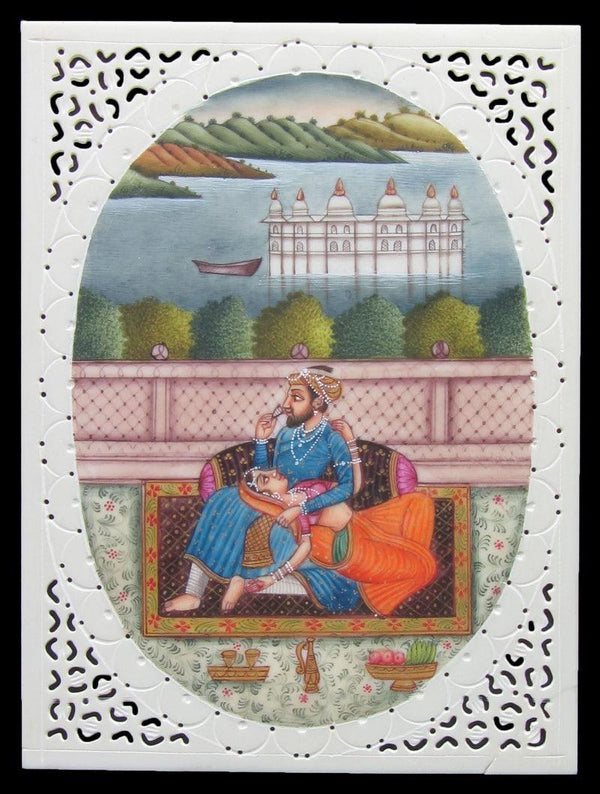 Figurative mughal traditional art titled 'Platonic Love Of Mughal', 4x3 inches, by artist Unknown on Plastic Sheet