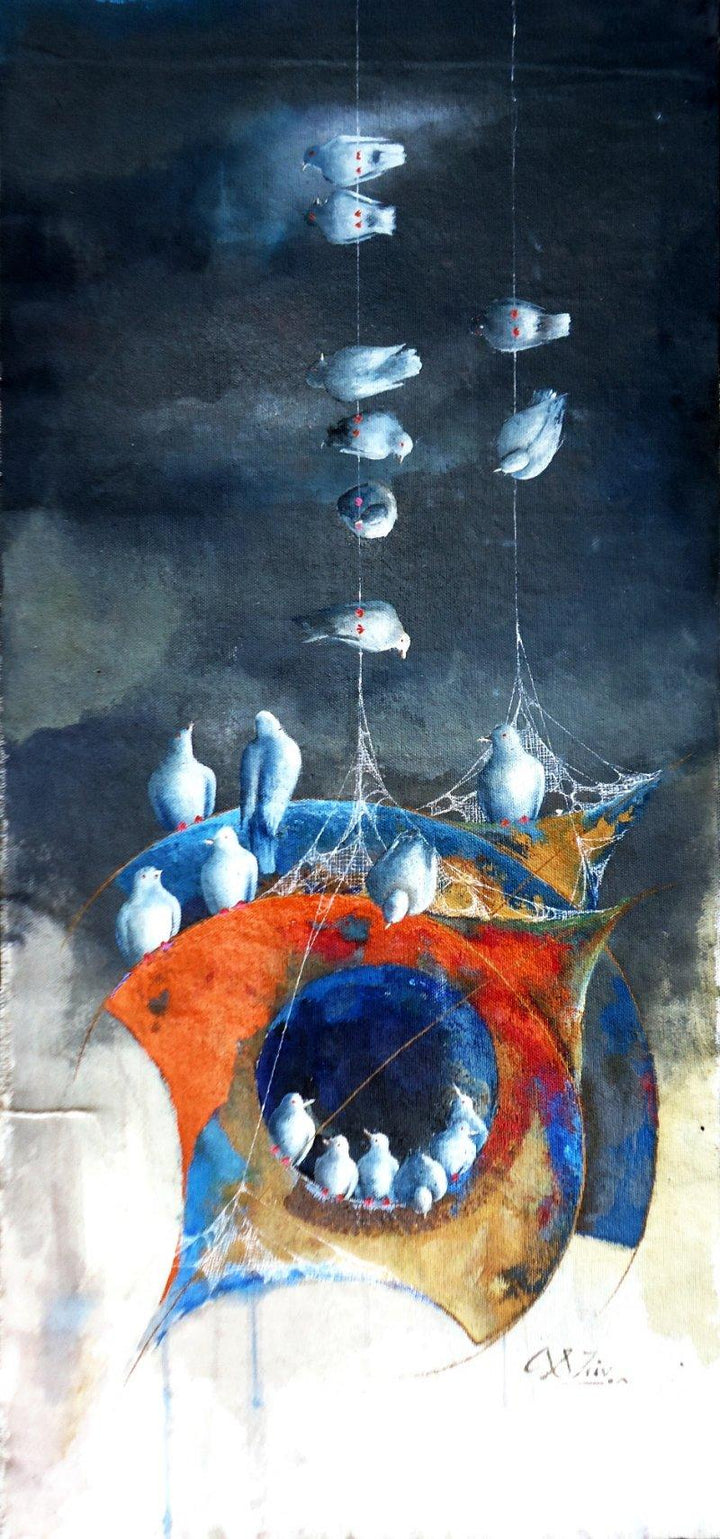 Fantasy mixed media painting titled 'Play of kites and birds', 24x12 inches, by artist Shiv Kumar Soni on Canvas