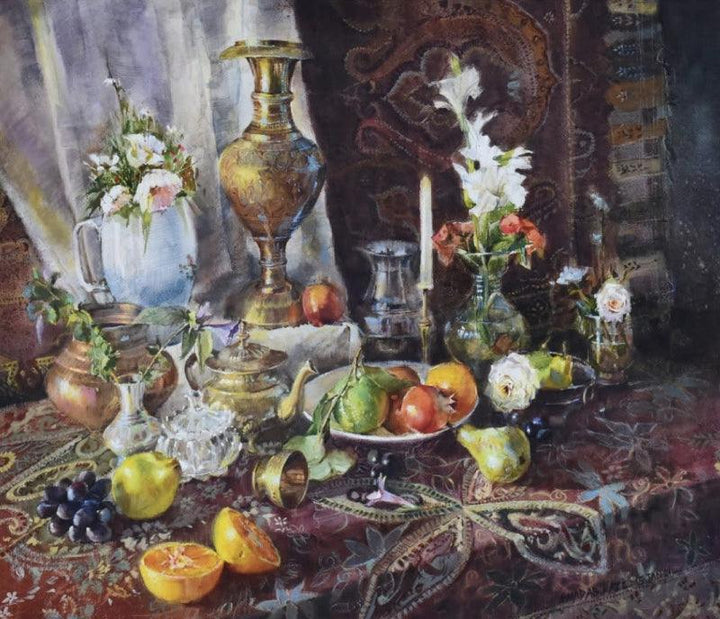 Still-life watercolor painting titled 'Play Of Light', 22x30 inches, by artist Shadab Kazi on Paper