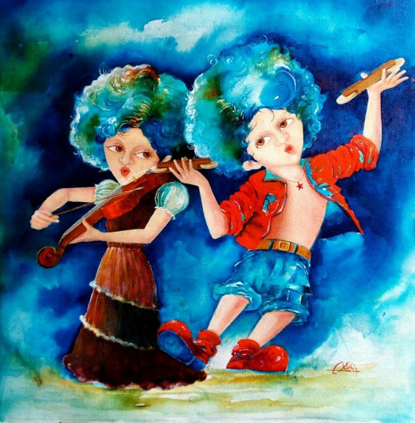 Figurative acrylic painting titled 'Play of puppy and chicky', 20x20 inches, by artist Shiv Kumar Soni on Canvas