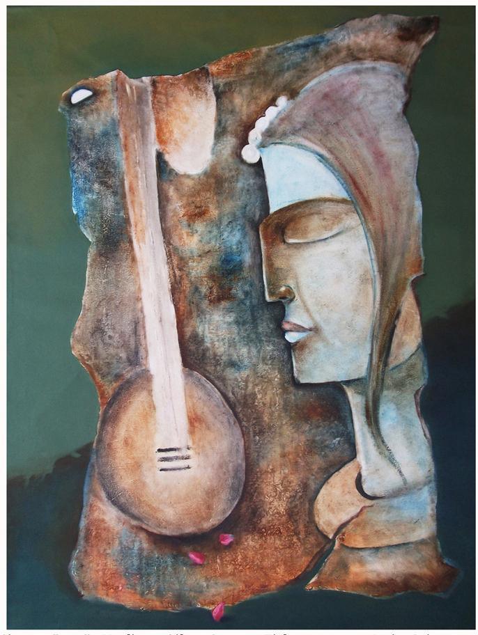 Figurative oil painting titled 'Play Veena', 36x48 inches, by artist Manoj Muneshwar on Canvas