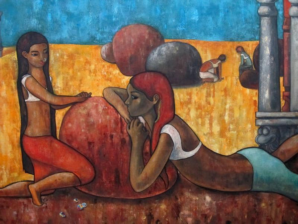 Figurative oil painting titled 'Playful Conversation', 60x40 inches, by artist Suruchi Jamkar on Canvas