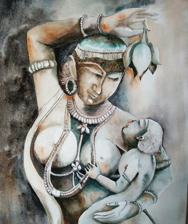 Religious watercolor painting titled 'Playful Mother', 14x11 inches, by artist Rakhi Chanda on Paper