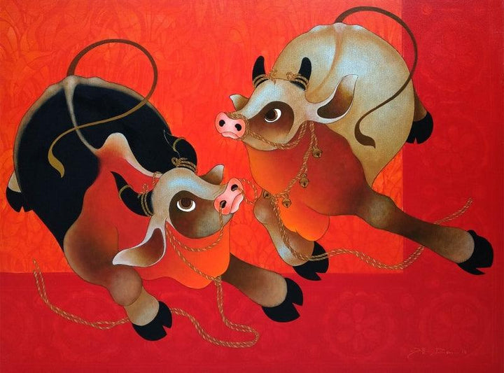 Animals acrylic painting titled 'Playing Bulls', 36x48 inches, by artist H R Das on Canvas