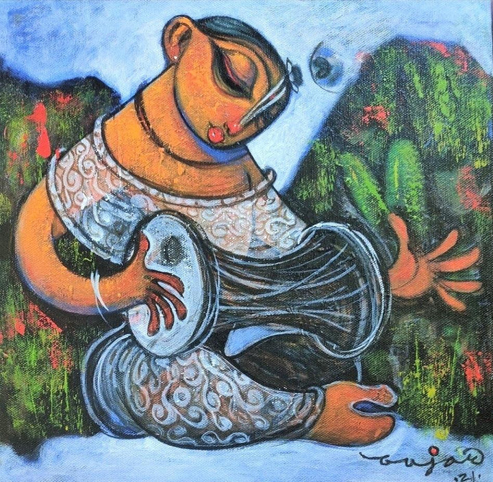 Religious acrylic painting titled 'Playing Dholak', 12x12 inches, by artist Ramesh Gujar on Canvas