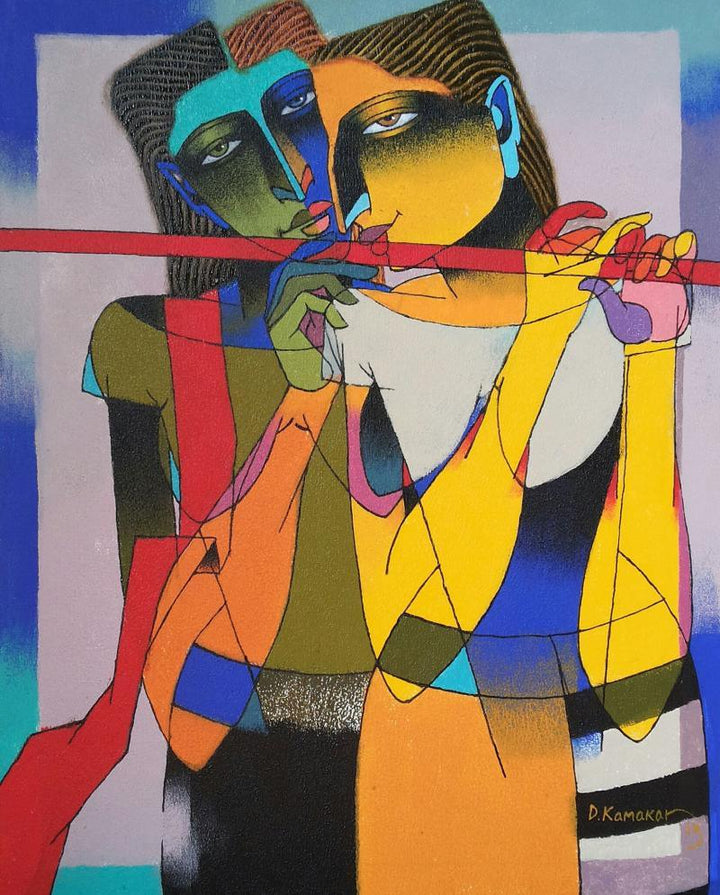 Figurative oil painting titled 'Playing Flute 1', 24x30 inches, by artist Dayanand Karmakar on Canvas