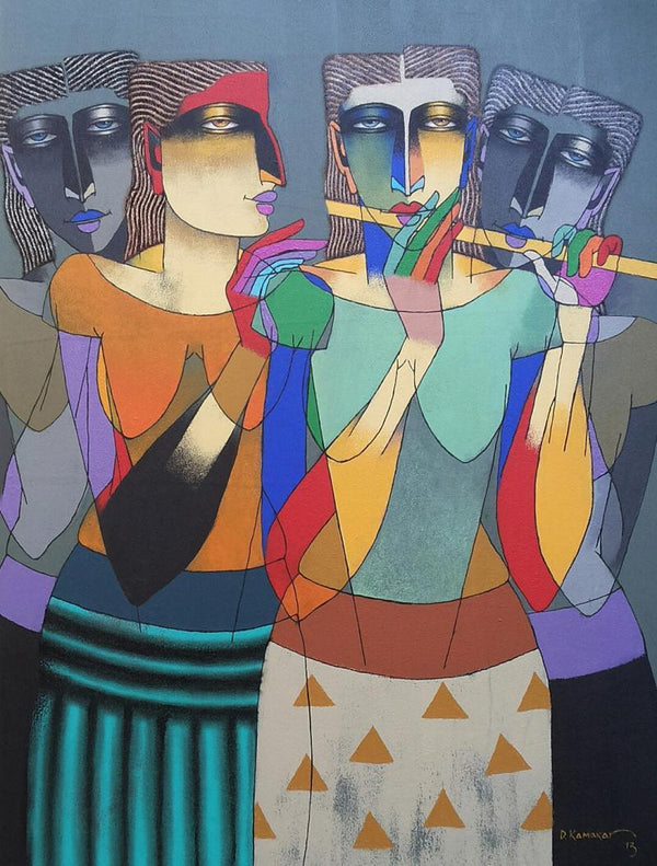 Figurative oil painting titled 'Playing Flute 3', 36x48 inches, by artist Dayanand Karmakar on Canvas