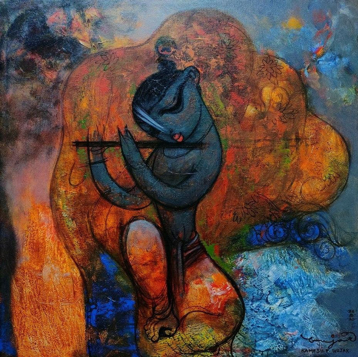 Religious acrylic painting titled 'Playing Flute 5', 24x24 inches, by artist Ramesh Gujar on Canvas