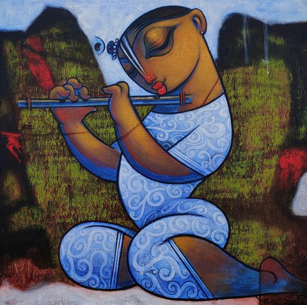 Religious acrylic painting titled 'Playing Flute', 24x24 inches, by artist Ramesh Gujar on Canvas