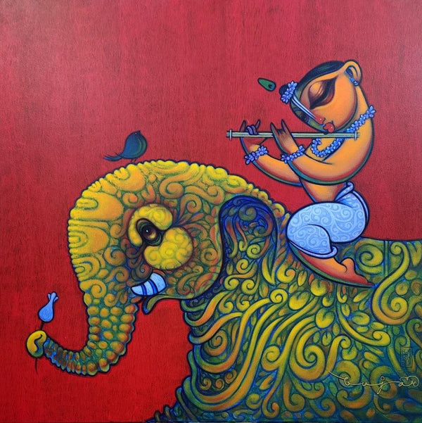 Religious acrylic painting titled 'Playing Flute On Elephant 1', 36x36 inches, by artist Ramesh Gujar on Canvas