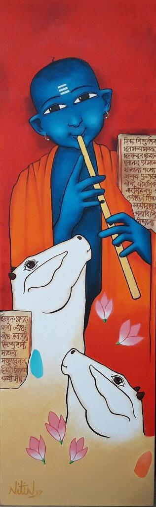 Religious acrylic painting titled 'Playing Flute With Cow 2', 48x18 inches, by artist Nitin Ghangrekar on Canvas