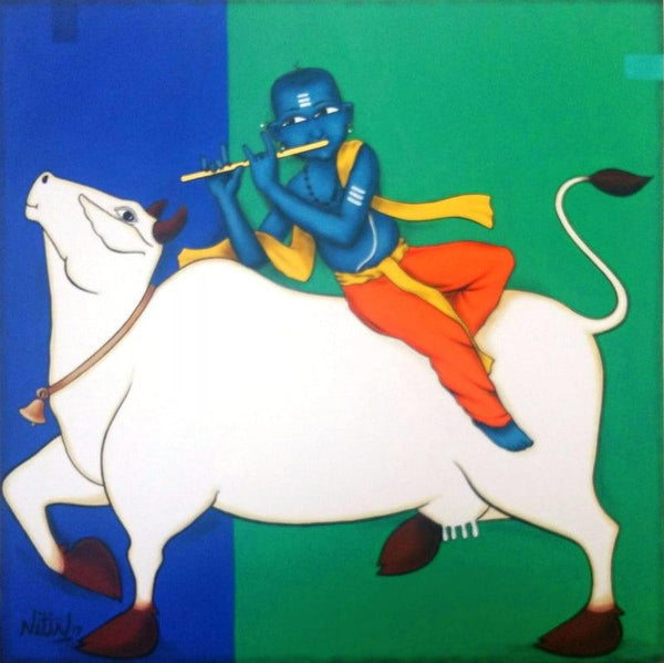 Religious acrylic painting titled 'Playing Flute With Cow', 36x36 inches, by artist Nitin Ghangrekar on Canvas