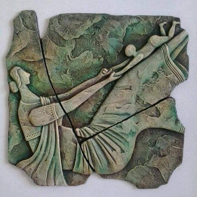 Figurative ceramic titled 'Playing Mother And Child', 24x24 inches, by artist Shashikant Charbe on Ceramic On Board