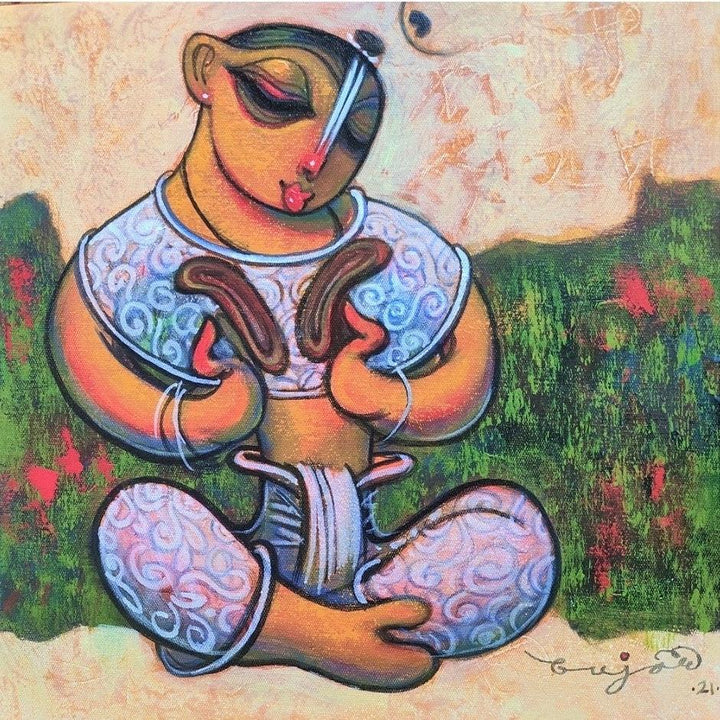 Religious acrylic painting titled 'Playing Musical Instrument', 12x12 inches, by artist Ramesh Gujar on Canvas