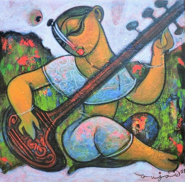 Religious acrylic painting titled 'Playing Sitar', 12x12 inches, by artist Ramesh Gujar on Canvas