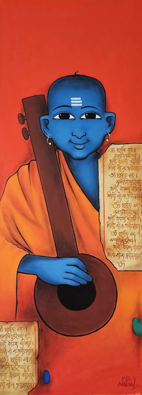 Religious acrylic painting titled 'Playing Tambora', 48x18 inches, by artist Nitin Ghangrekar on Canvas