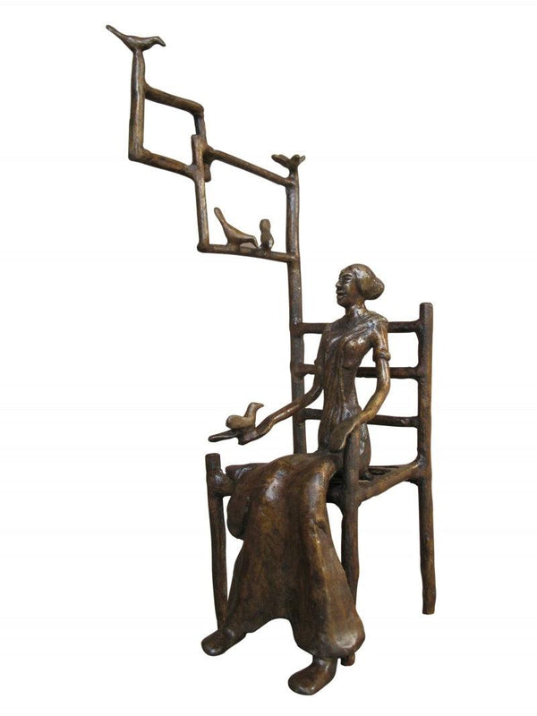Figurative sculpture titled 'Playing With Bird', 18x9x6 inches, by artist Asurvedh Ved on Bronze
