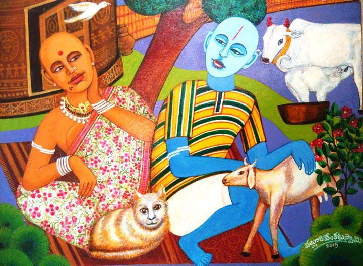 Figurative acrylic painting titled 'Pleasant Mood', 14x18 inches, by artist V.v. Swamy on Canvas