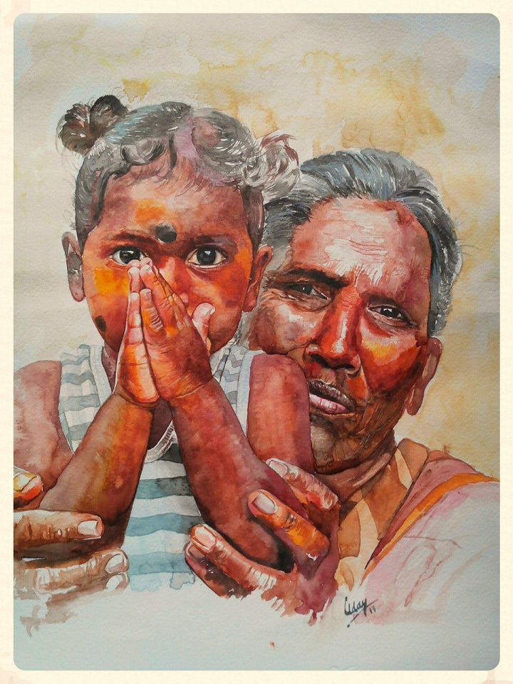 Portrait watercolor painting titled 'Please', 16x12 inches, by artist Dr.uday Bhan on Paper