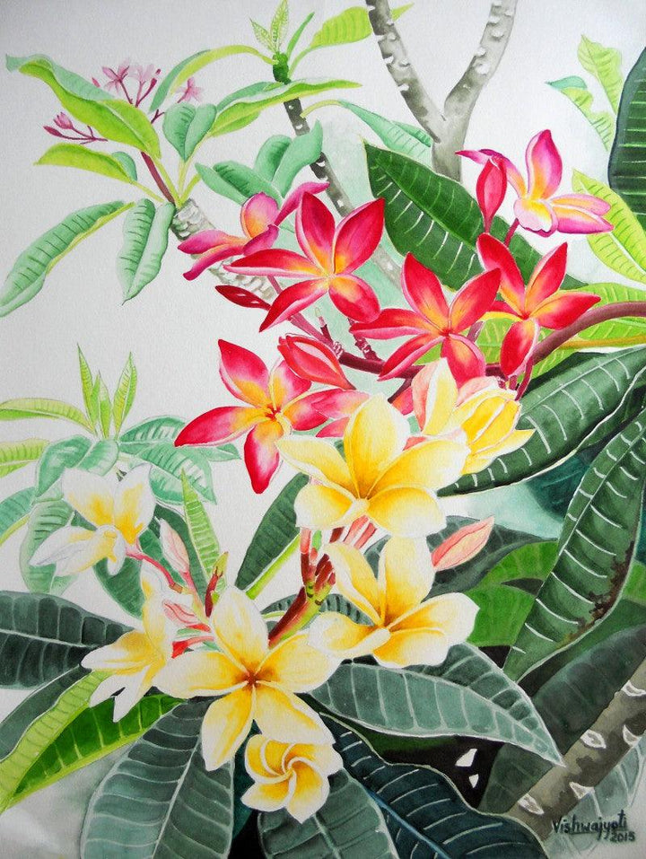 Photorealistic watercolor painting titled 'Plumerias', 24x18 inches, by artist Vishwajyoti Mohrhoff on Campap Paper