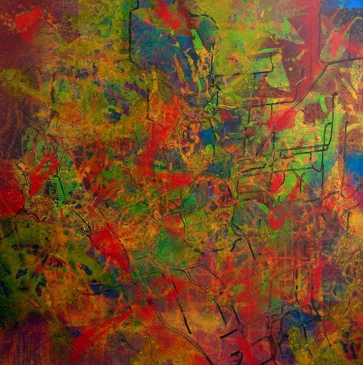 Abstract acrylic painting titled 'Poem Of Colour 1', 47x47 inches, by artist Aditi Chakravarty on Canvas