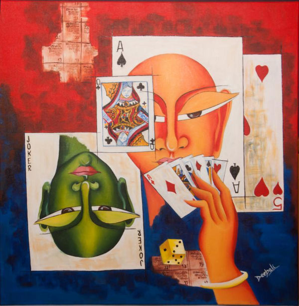 Figurative acrylic painting titled 'Poker Face', 24x24 inches, by artist Deepali Mundra on Canvas