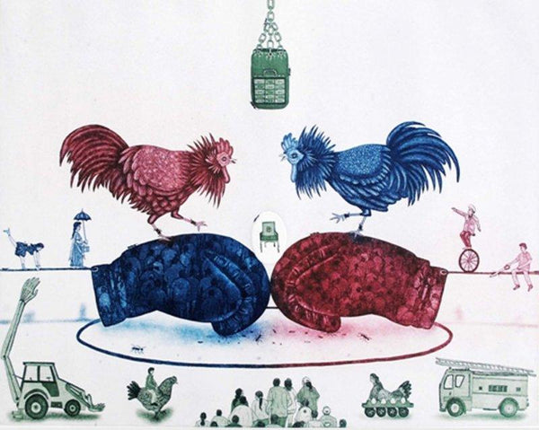 Animals etching drawing titled 'Politics Circus', 20x25 inches, by artist Sandeep Suneriya on Paper