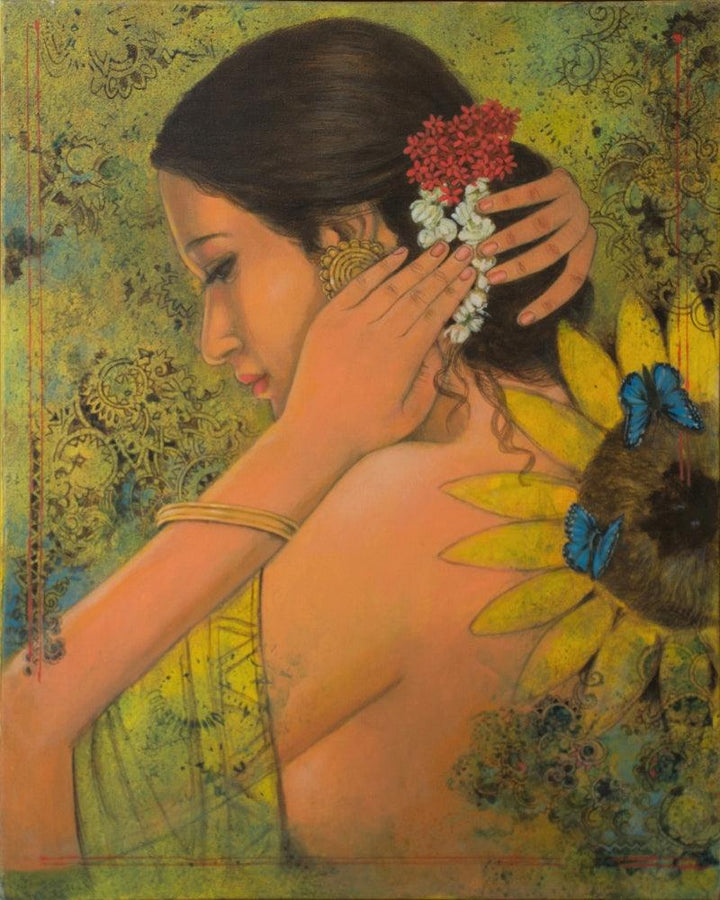 Figurative acrylic painting titled 'Pollen Carrier', 20x16 inches, by artist Mousumi Pal Majumdar on Canvas