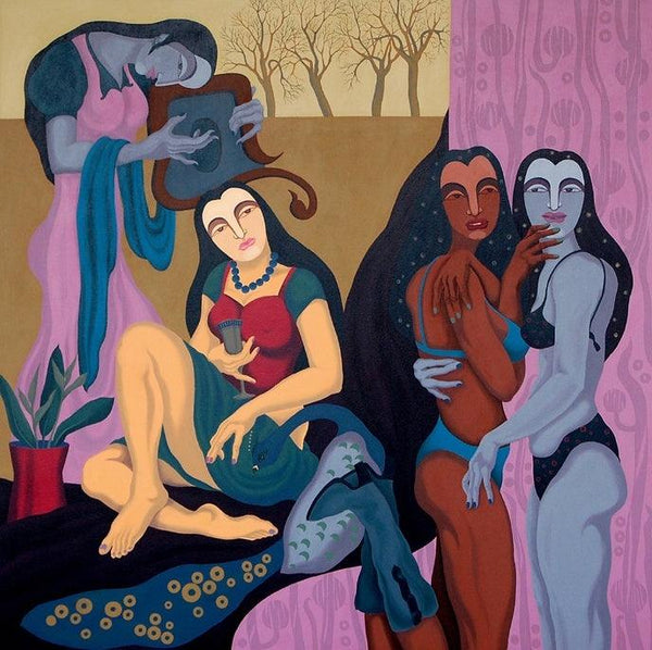 Figurative acrylic painting titled 'Polyphonic Promiscuity', 60x60 inches, by artist Pradipta Chakraborty on Canvas