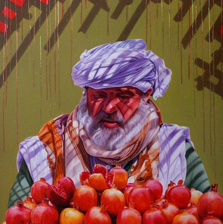 Figurative oil painting titled 'Pomegranate Vendor', 48x48 inches, by artist Abid Shaikh on Canvas