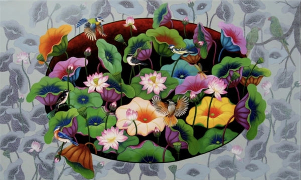 Nature acrylic painting titled 'Pond 9', 36x60 inch, by artist Nur Ali on Canvas