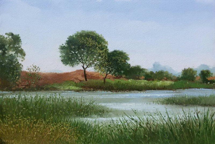 Landscape oil painting titled 'Pond', 22x16 inches, by artist Fareed Ahmed on Canvas Board