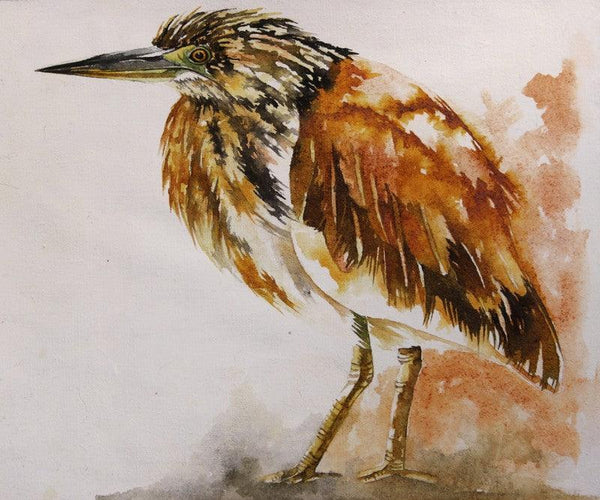 Animals watercolor painting titled 'Pond Heron', 10x8 inches, by artist Anjana Sihag on Khadi Cotton Fabric
