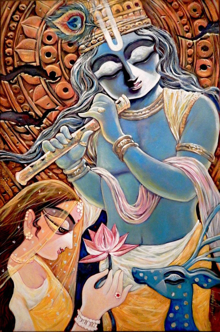 Religious acrylic painting titled 'Pooja', 36x24 inches, by artist Subrata Ghosh on Canvas