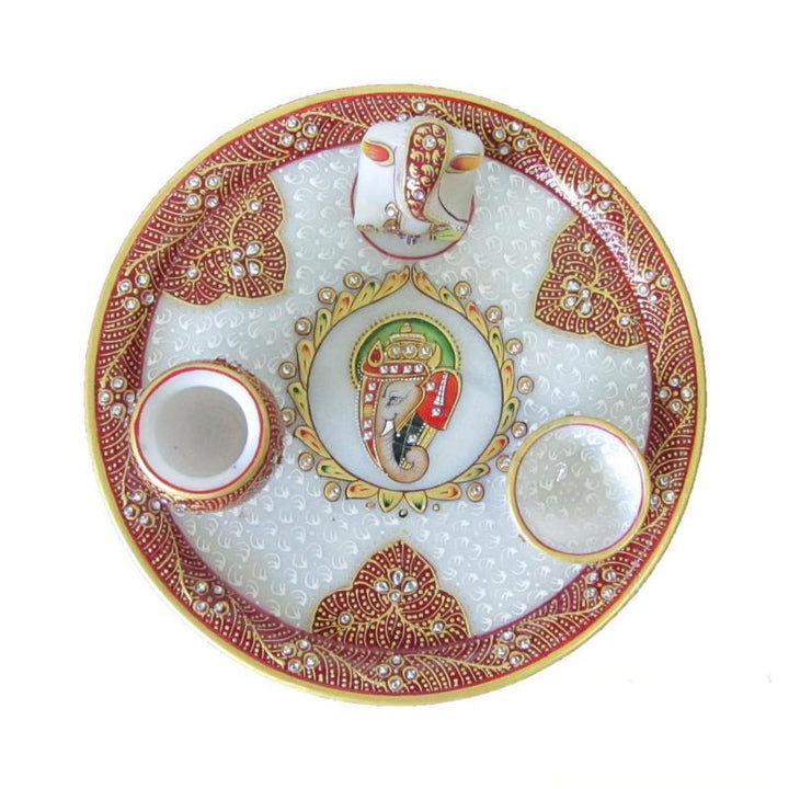 Lifestyle craft titled 'Pooja Thali With Lord Ganesha', 9x9x25 inches, by artist Ecraft India on Marble