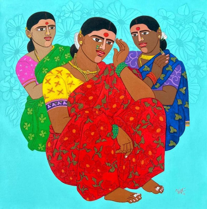 Figurative acrylic painting titled 'Poolamma The Goddess Of Life', 20x20 inches, by artist Laxman Aelay on Linen Canvas