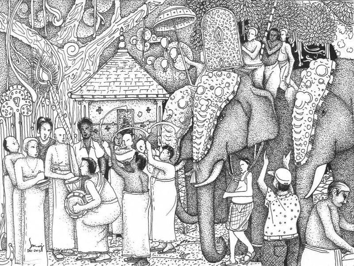 Religious pen drawing titled 'Pooram', 11x8 inches, by artist Sanooj KJ on Paper