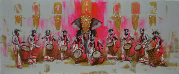 Religious acrylic painting titled 'Pooram Procession', 30x72 inch, by artist Pankaj Bawdekar on Canvas