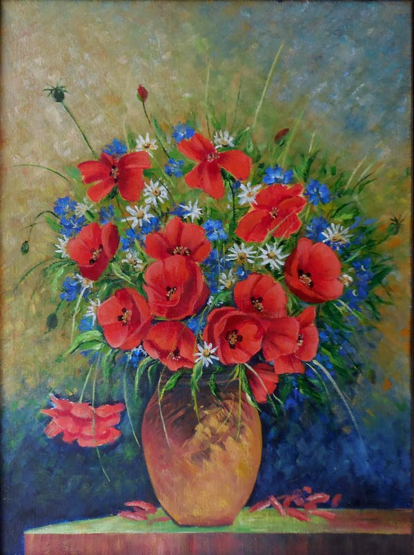 Photorealistic oil painting titled 'Poppy', 26x20 inches, by artist Kaladikam Arts on Canvas