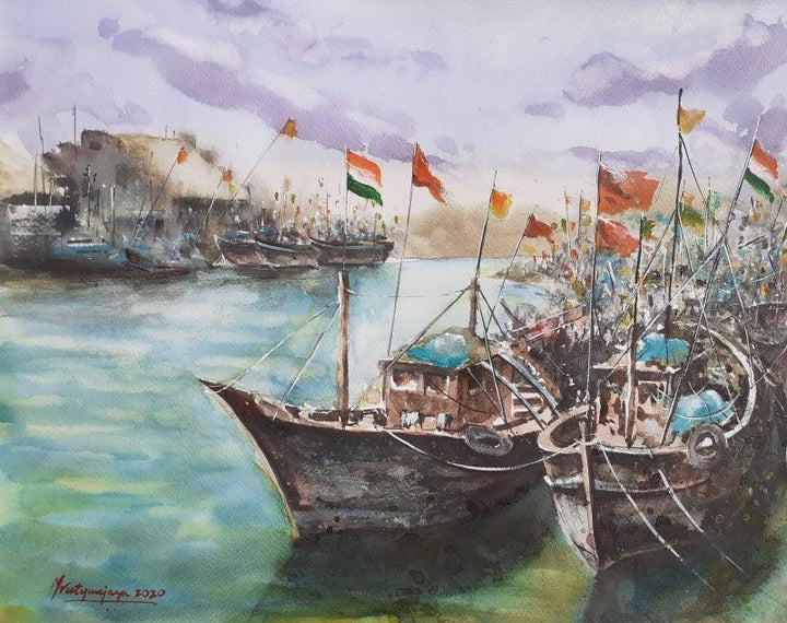 Landscape watercolor painting titled 'Porbander harbor', 16x12 inches, by artist Mrutyunjaya Dash on Paper