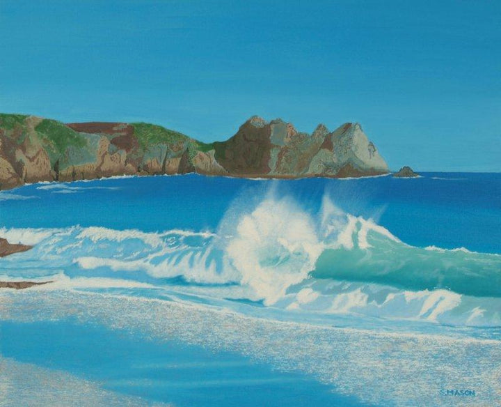 Seascape oil painting titled 'Porthcurno Wave', 24x20 inches, by artist SIMON MASON on Canvas