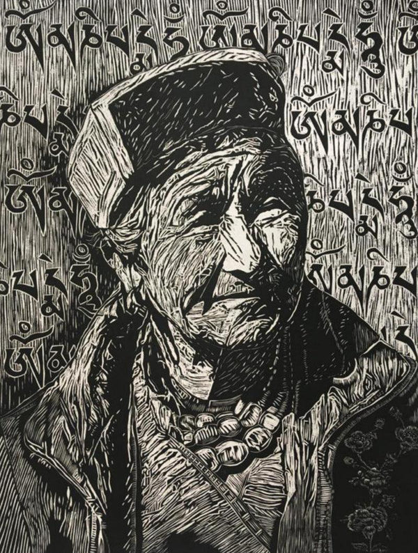 Portrait printmaking titled 'Portrait Of Grandma', 33x24 inches, by artist Chhering Negi on Paper