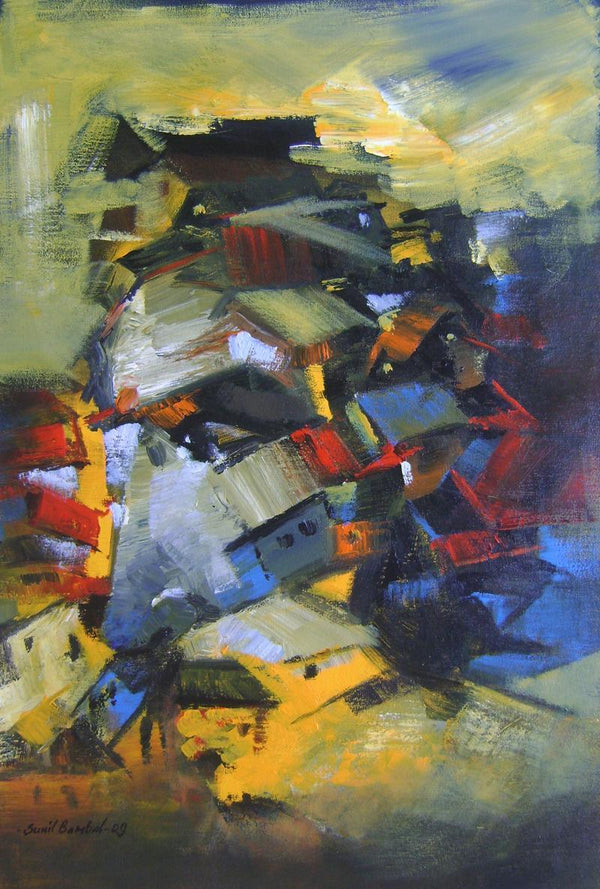 Abstract acrylic painting titled 'Portrait Of Village', 18x24 inches, by artist Sunil Bambal on Canvas