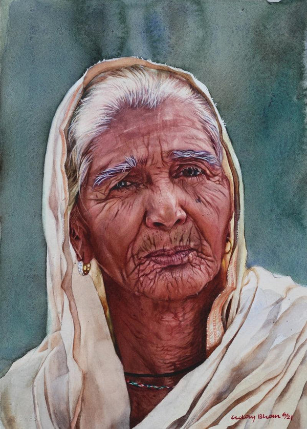 Portrait watercolor painting titled 'Portrait old lady realism', 15x11 inches, by artist Dr Uday Bhan on Paper