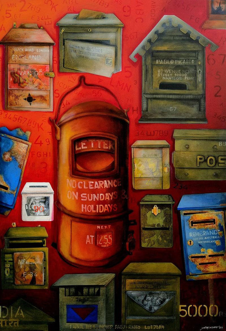 Figurative acrylic painting titled 'Post Box', 60x42 inches, by artist Samir Sarkar on Canvas