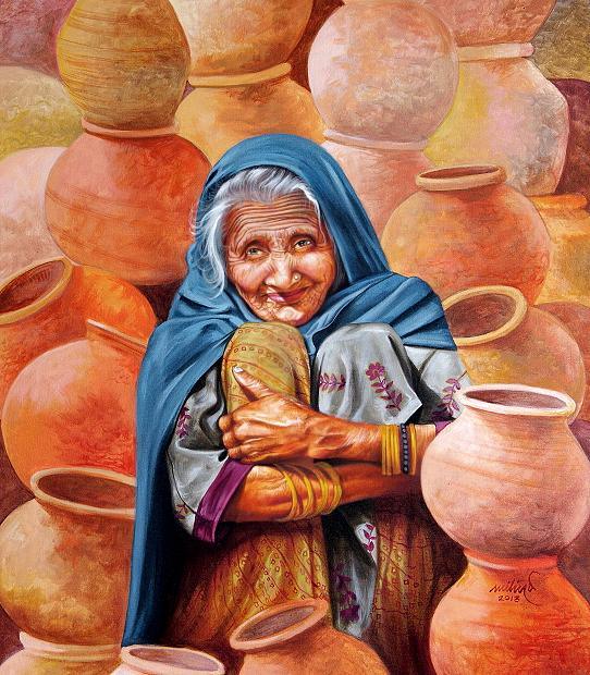 Realistic acrylic painting titled 'Pot Seller', 40x40 inches, by artist Milind Varangaonkar on Canvas