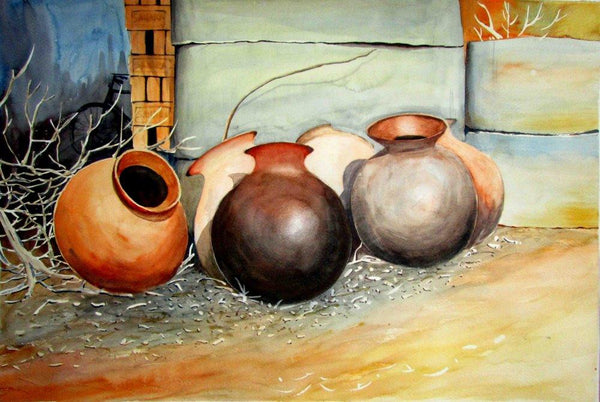 Still-life watercolor painting titled 'Pots composition', 22x14 inches, by artist Biki Das on Paper